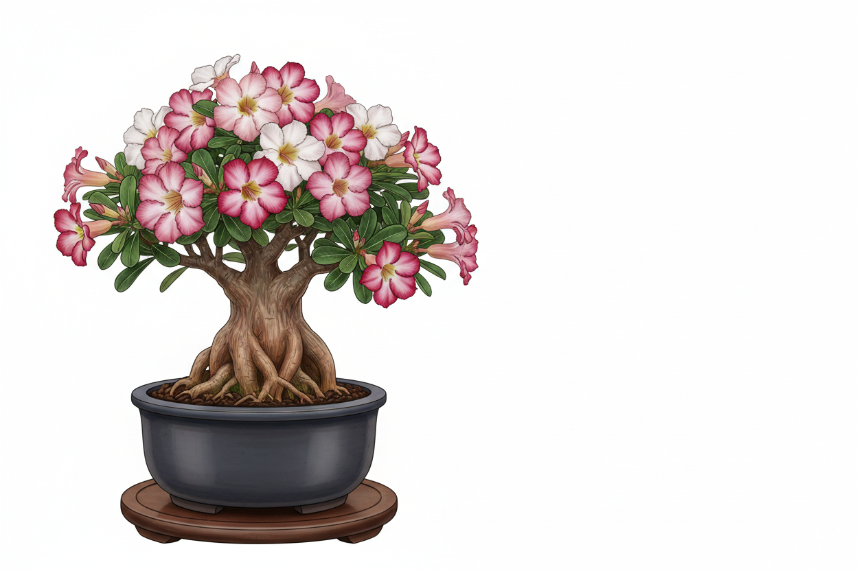 Adenium bonsai digital art with pink desert rose flowers